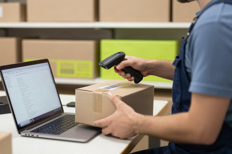 Webshopeigenaar scant de barcode van een doos in zijn magazijn, laptop met productcatalogus ernaast