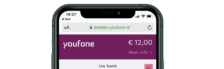 Voorbeeld van een custom domain voor Youfone, hier zichtbaar in de mobile checkout.