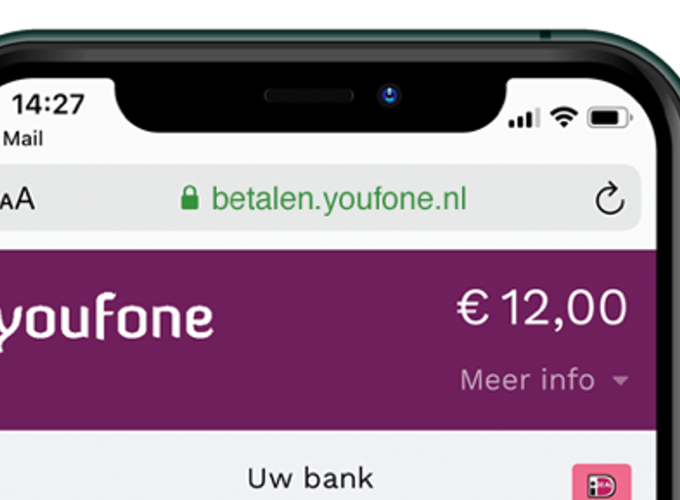 Voorbeeld van een custom domain voor Youfone, hier zichtbaar in de mobile checkout.