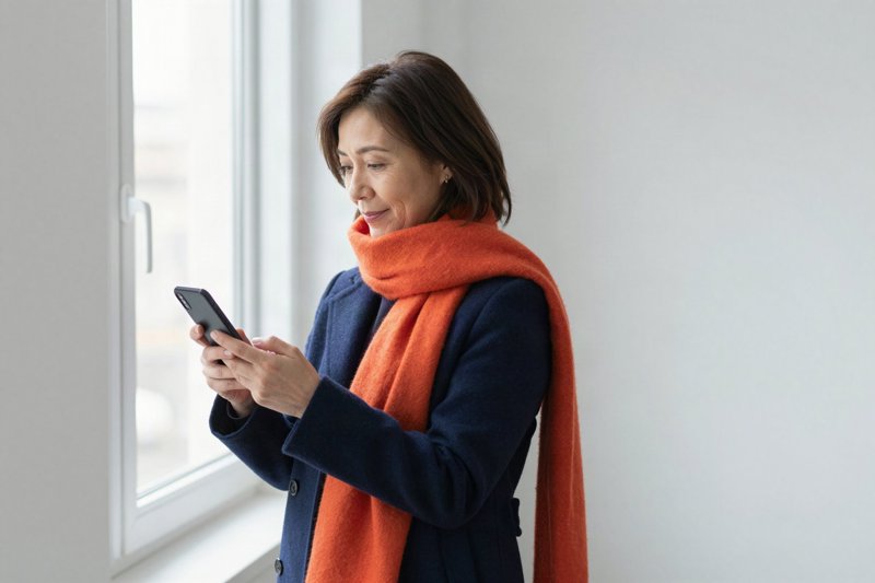 Vrouw in donkerblauwe jas met oranje sjaal bekijkt een productvoorstel van een AI-assistent op haar telefoon
