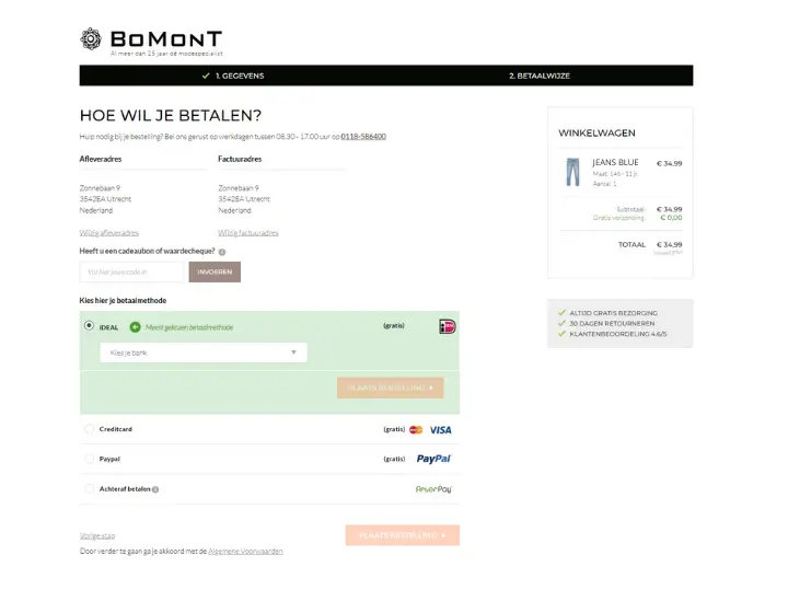 Multi-paid checkout van Bomont, iDEAL is favoriet. Tijdens de sale worden ook achterafbetaalmethodes veelvuldig gebruikt.