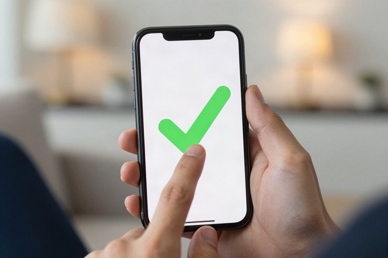 Hand bevestigt een betaling op een smartphone, groen vinkje op het scherm